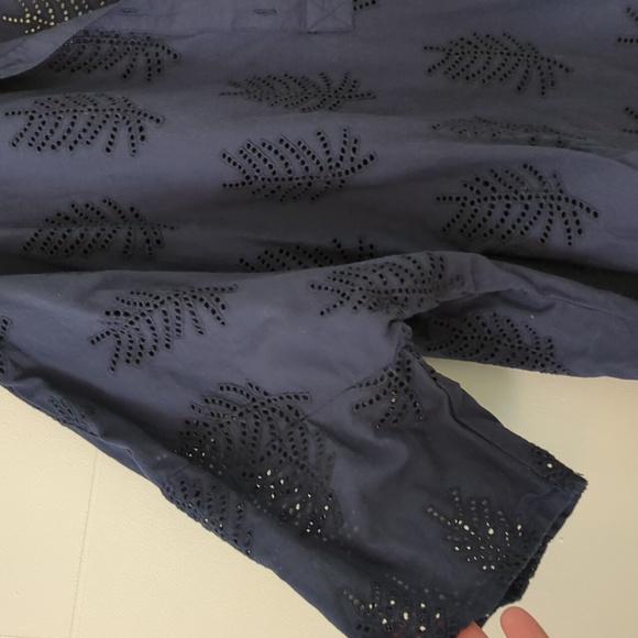 Couchel Navy Blue Leaf Eyelet Oversized Boho Relaxed Fit Dropped Shoulder Top - Picture 4 of 7